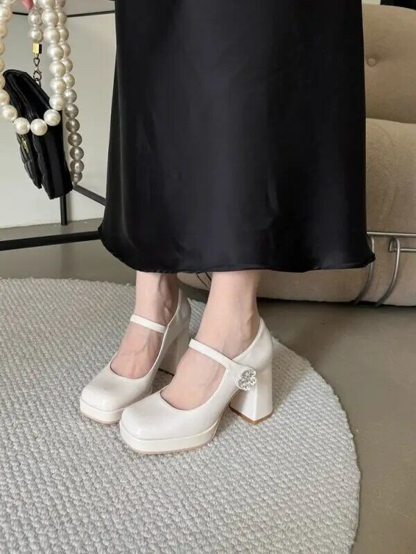 2024 NEW Design Buckle Pumps Thick Heels HIgh Heels for Lady Shoes Platform Waterprof Punk Shoes Footwear Square Heel Fashion