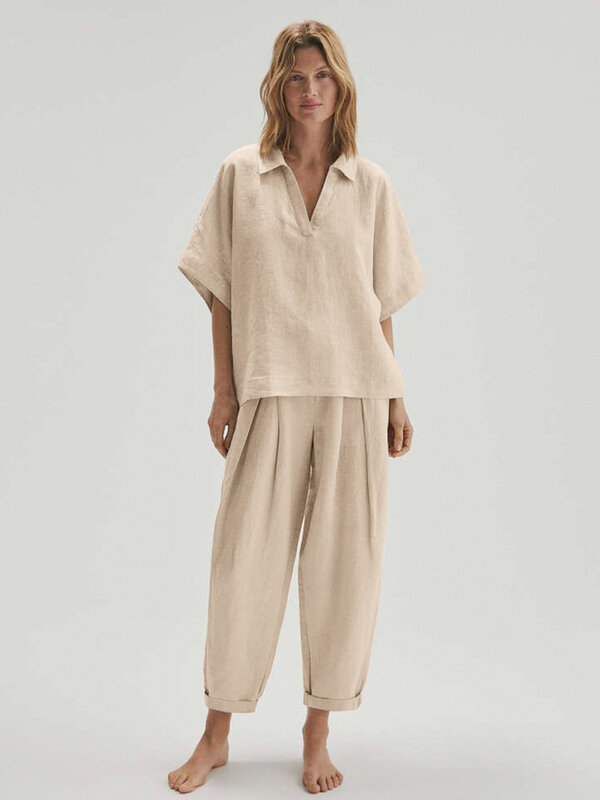 Hiloc-Pijama de algodão cáqui feminino, pijama de meia manga, pijama com gola V, terno doméstico para primavera, calças soltas, 2023