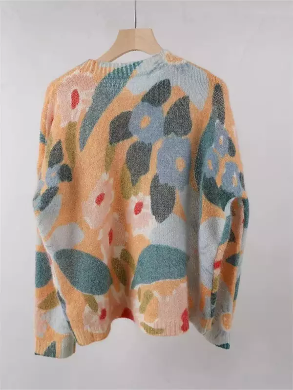 女性用長袖ニットセーター,対照的なジャカードセーター,ラウンドネック,非常に柔らかく,新しい春のコレクション2024