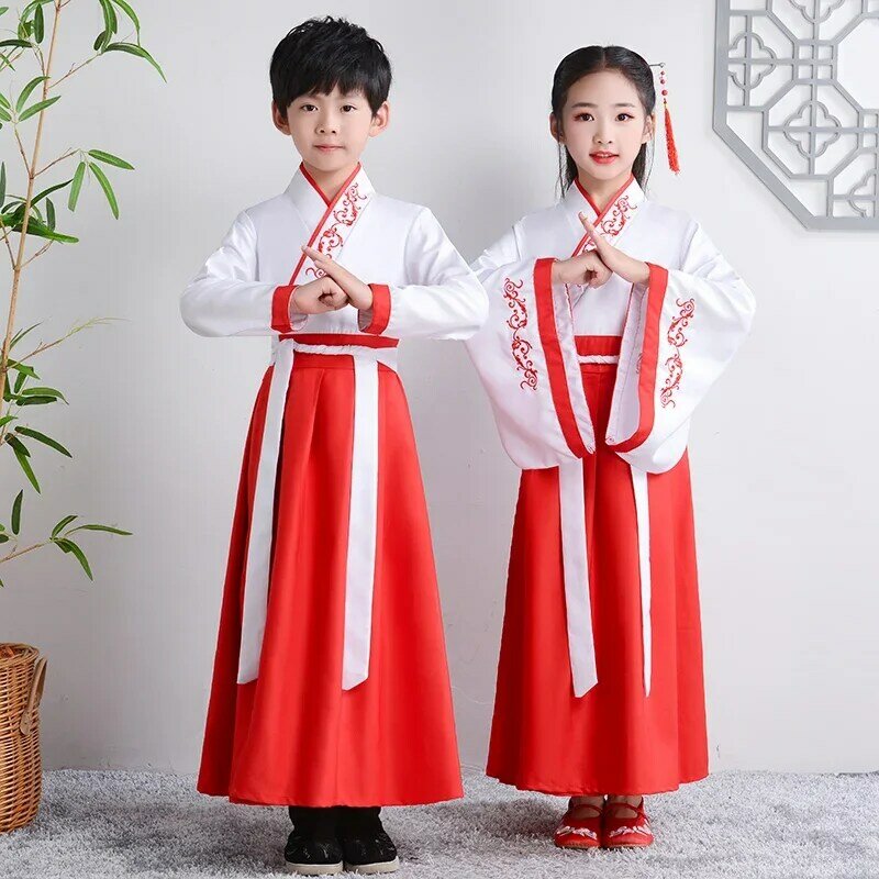 فستان هانفو صيني تقليدي للأطفال ، ملابس مدرسية ، أداء أطفال قديم ، طلاب ، أحمر ، حديث ، فتاة ، أولاد