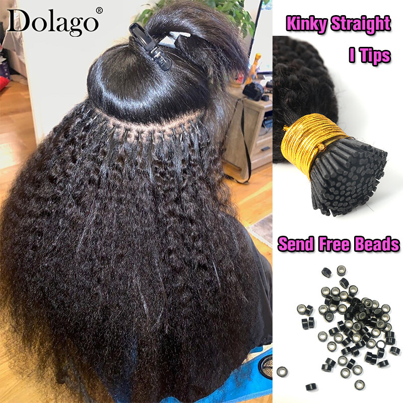 Extensions de cheveux humains, I tip, cheveux crépus lisses, Microlinks, Extensions de cheveux Yaki grossiers soufflés, pour femmes noires, Dolago