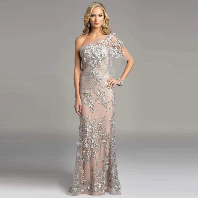 Elegante Sliver Lace One Shoulder Dress, Vestidos até o chão para Prom Party, Mãe da noiva, Apliques