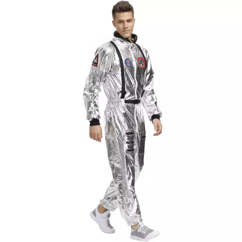 Fantasia de astronauta para adultos e crianças, traje espacial prateado para homens e mulheres, festa em família, vestido, presente de aniversário