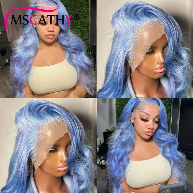 Perruque Lace Front Wig Body Wake brésilienne naturelle, cheveux vierges, bleu lac, 13x4, avec baby hair, densité 150%, pour femmes