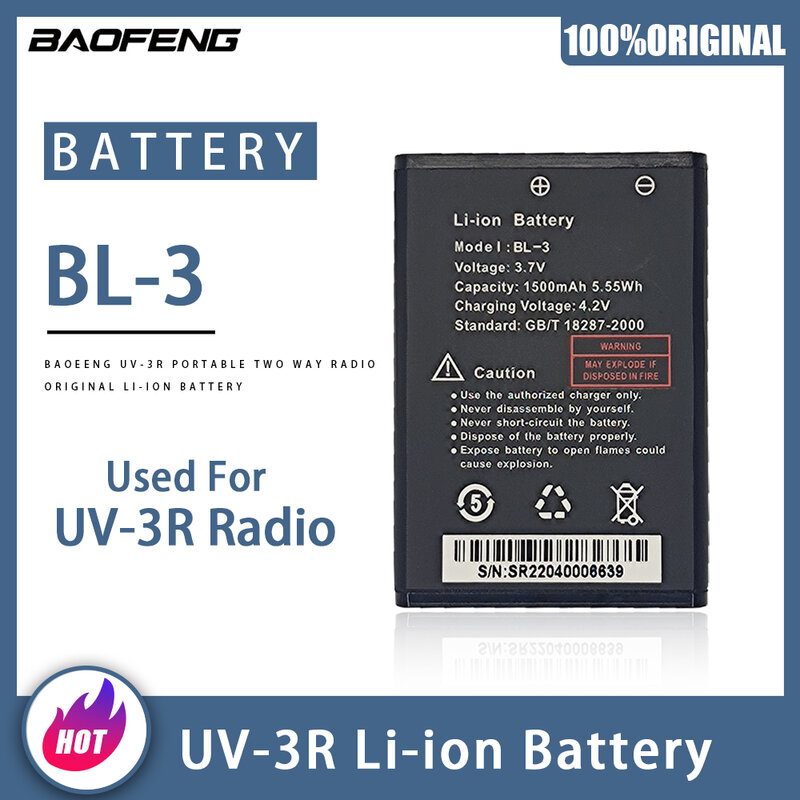 Baofeng Bateria Recarregável de Alta Capacidade, UV-3R Bateria, Walkie Talkie Power, BL-3 para Rádio em Dois Sentidos, 1500mAh, 2Pcs