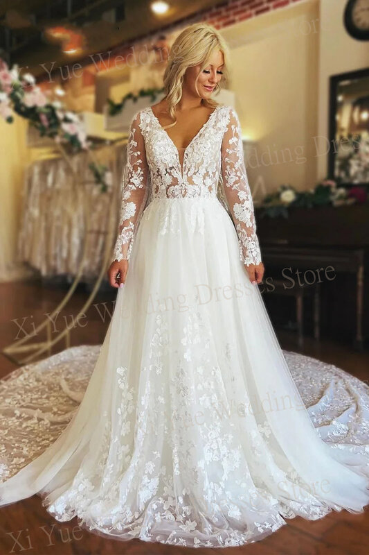Sexy Elegant A Line Wedding Dresses Deep V Neck Backless Illusion Appliques Bride Gowns Long Sleeve Vestidos De Novia New 2024