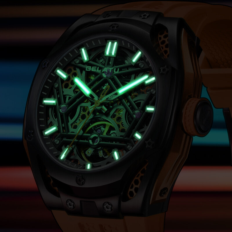 GELATU-relojes de marca de lujo para hombre, reloj mecánico automático con cinta de silicona, caja de regalo, impermeable, luminoso, ahuecado