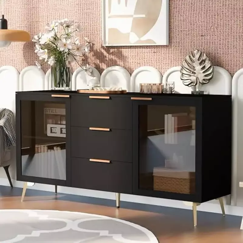 63 Inch Modern MDF Buffet Sideboard with 2 Doors,3 Drawers,Accent Storage Cabinets with Metal Handles for Dinning Living Room