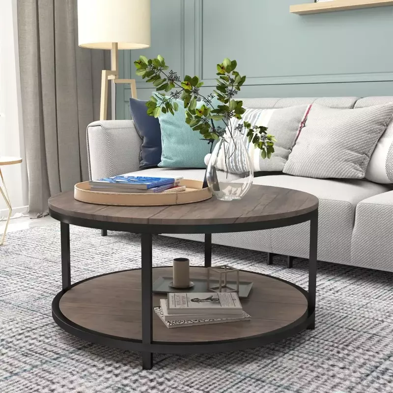 Meja kopi 36 "untuk ruang tamu 2 tingkat kayu Desktop & kaki logam kokoh meja furnitur rumah dengan rak penyimpanan (kenari) meja