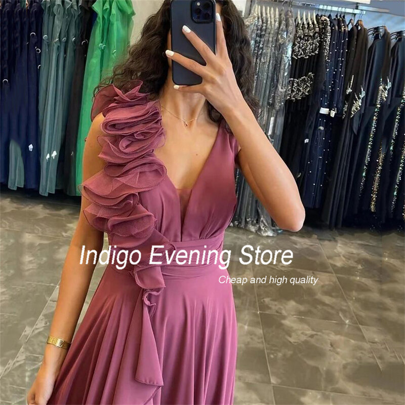 Indigo Prom Dresses A-Line V-Neck Open Back Pleat Split Sleeveless Satin Floor-Length Elegant Evening Gown For Women فساتين الس