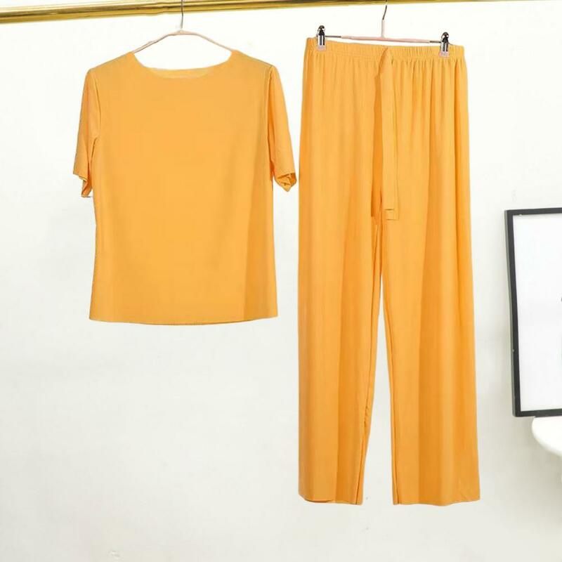 2Pcs/Set Casual Outfit  Elastic Waistband   Lounge Sleepwear Women Ice Silk T-shirt Pants Loungewear Set