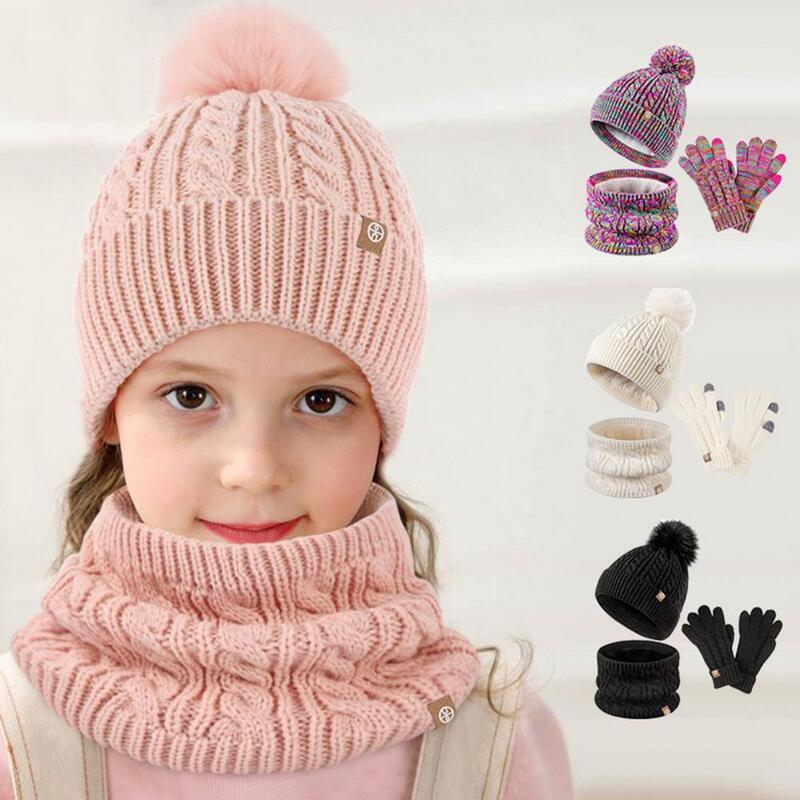Conjunto de chapéu de malha à prova de vento para crianças, luvas espessas para crianças, ao ar livre, inverno, 5-12 anos, 3 peças