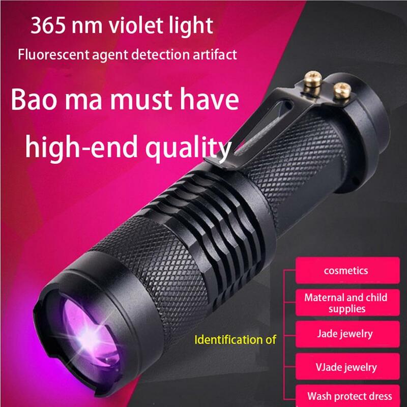Linterna ultravioleta UV con función de Zoom, miniluz UV para mascotas, Detector de manchas de orina, escorpión, batería AA/14500