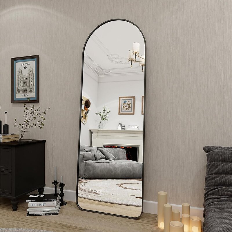 Cermin panjang penuh melengkung, cermin panjang lantai Coner bulat 64 inci x 21 "dengan bingkai Aloi aluminium, cermin seluruh tubuh dengan dudukan