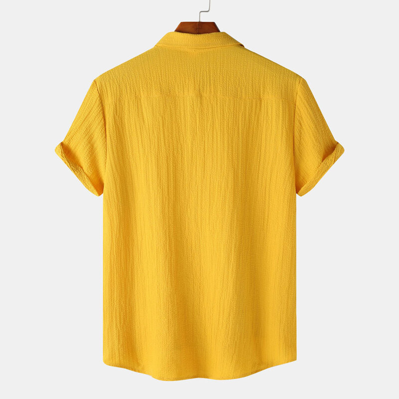 Żółta bawełniana koszula plażowa lniana z krótkim rękawem dla mężczyzn 2024 letnia nowa oddychająca hawajskie koszule wakacyjna wakacyjna koszulka