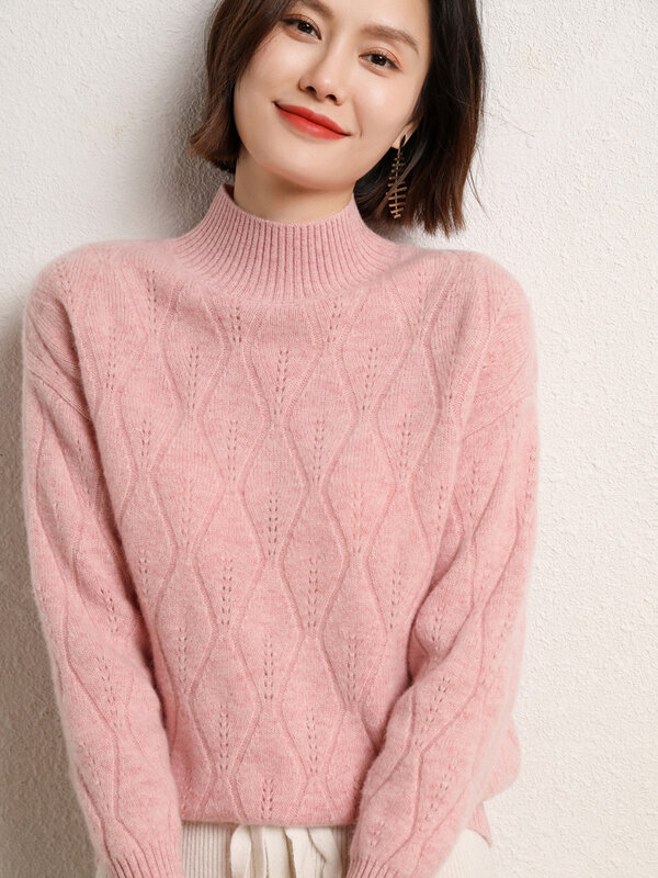 Jesienno-zimowy damski sweter 100% Merino wełniany sweter szyja gruba ciepła z długim rękawem kaszmirowy, dzianinowy ubrania koreańska moda