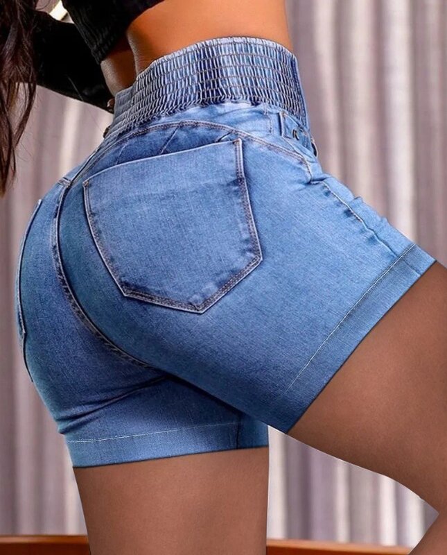 Women's Denim Shorts 2024 Shirred Buttoned Washed High Waist Denim Shorts Fashionable Pockets Design Tight Fitting Shorts