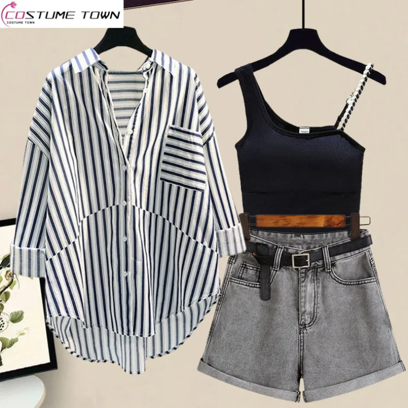 Spring/Summer Set Women's New Style Striped Sunscreen Shirt Versatile Slim Denim Shorts with Suspenders Three Piece Set