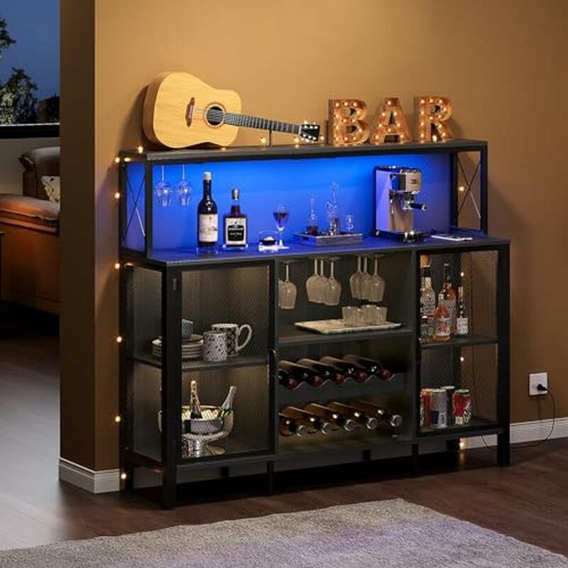 Home Bar Cabinet com luzes LED RGB, Wine Rack Storage, Liquor Display Prateleiras, Armação de metal, Canto Buffet Table