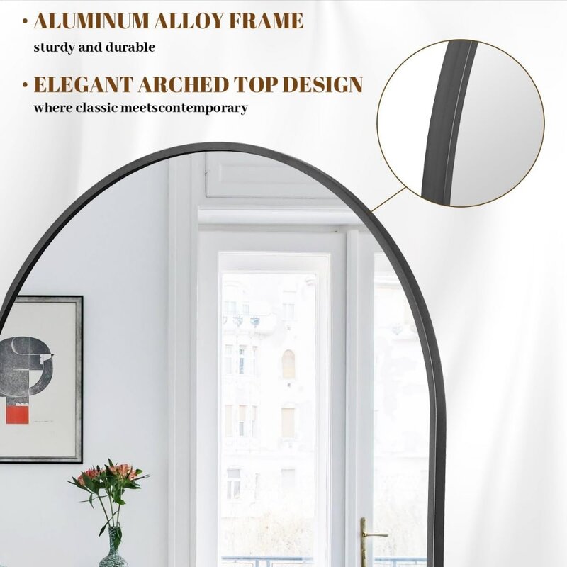 Koonmi 아치형 전체 길이 거울, 알루미늄 합금 프레임이 있는 검은색 대형 바닥 거울, 걸거나 기울어진 스탠드, 30 인치 x 71 인치