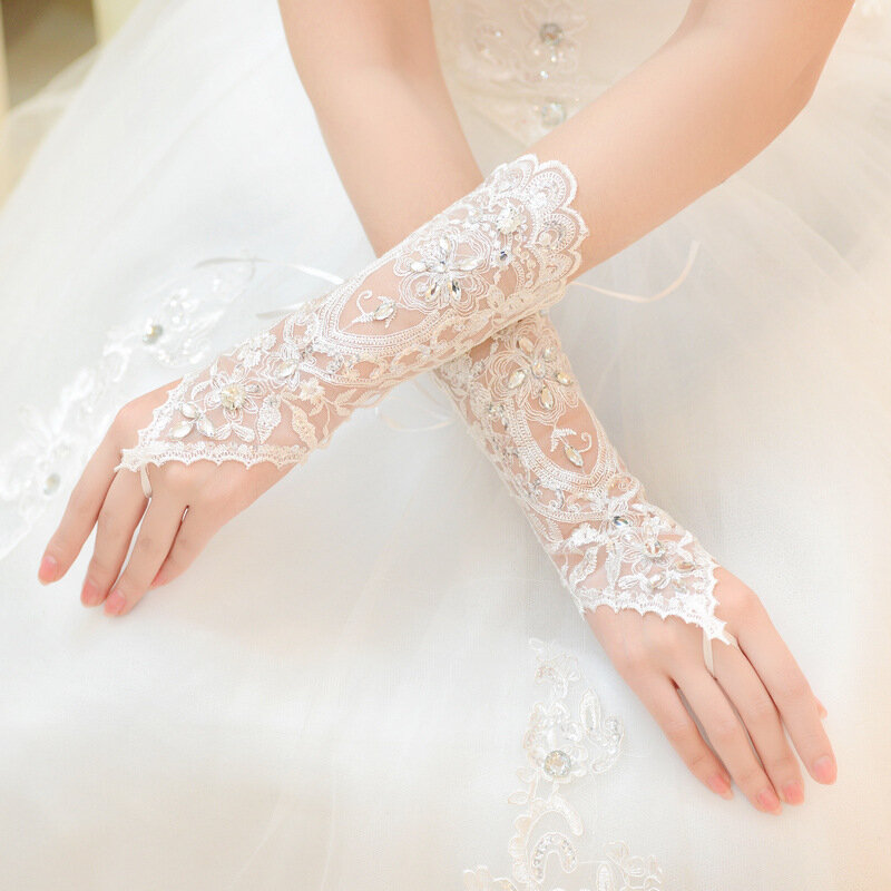 Guantes largos sin dedos para boda, accesorios de encaje, talla grande, blanco, coreano, femenino, Otoño e Invierno