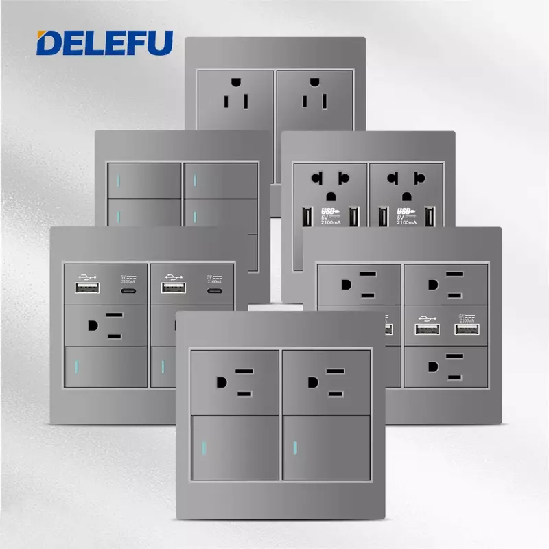 DELEFU gray Flame retardant 4*4PC panel Mexican Standard Type C US Wall Socket light switch for fast charging