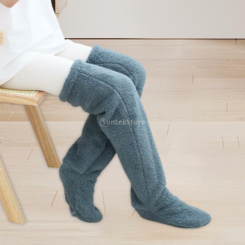 Aquecedores macios para casa, meias sobre o joelho, calças grossas de lã, chinelos longos, meia quente, tampa de cama, inverno