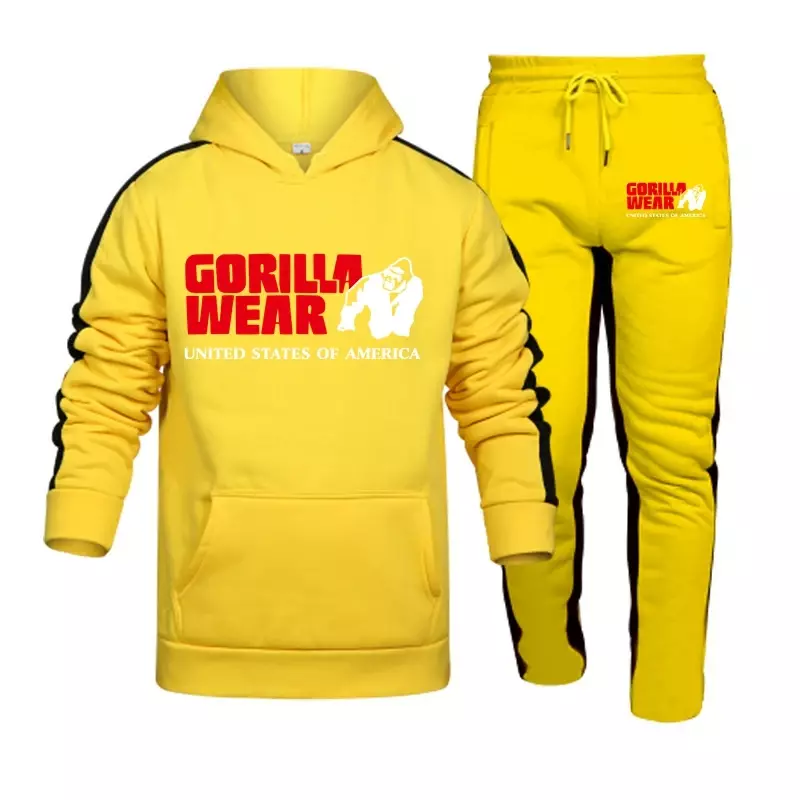 Setelan olahraga pria, kaus bertudung dan celana jogging kualitas tinggi pakaian Gym musim gugur gorila olahraga kasual