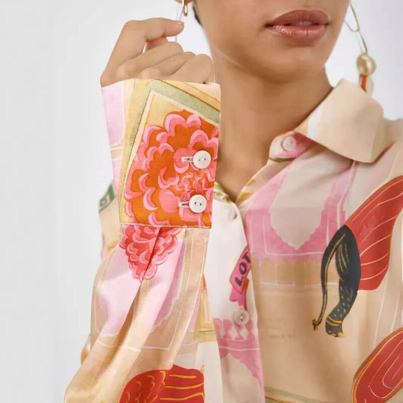 Conjunto de blusa holgada informal para mujer, traje de 2 piezas con estampado a la moda, Top de manga larga con cuello tipo Polo, trajes de vacaciones, 2024