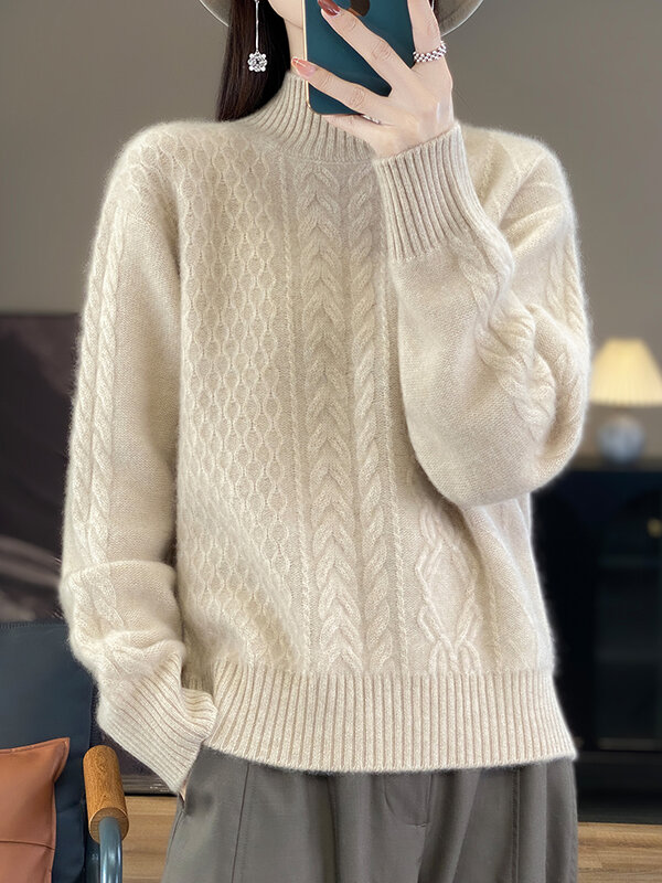 Aliselect-suéter de lana merina 100% para mujer, Jersey grueso de manga larga con cuello simulado, prendas de punto de Cachemira, nueva moda, Invierno