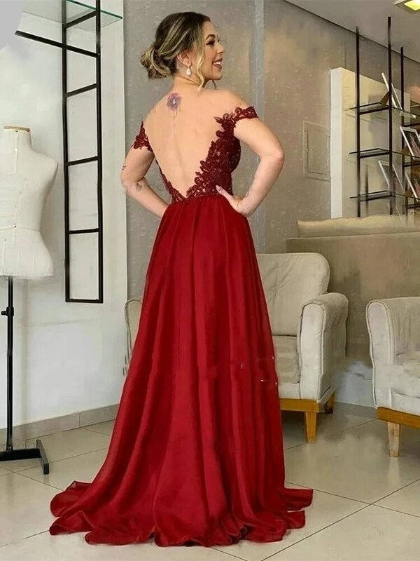 Czerwona szyfonowa dekolt w serek z krótkimi rękawami słodka suknia balowa jedna tylna suknia wieczorowa na podłogę na imprezę 2024