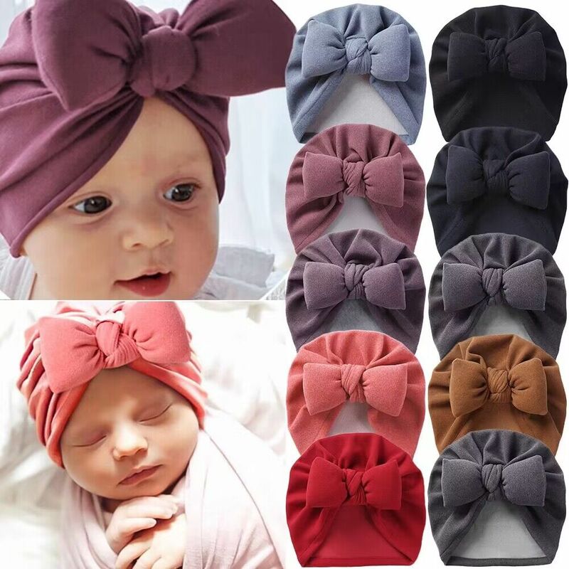 Gorro de Cachemira con lazo para bebé, turbante indio de Color sólido, envolturas para la cabeza, gorro para niños, gorros para recién nacidos