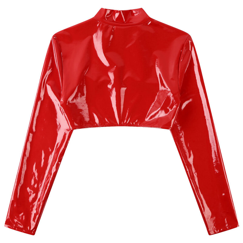 Womens Glossy Patent Leather Cop Top Stand Collar Zipper Ultra Short Jackets Long Sleeve Arm Sleeve Shrug Dance Party Clubwear