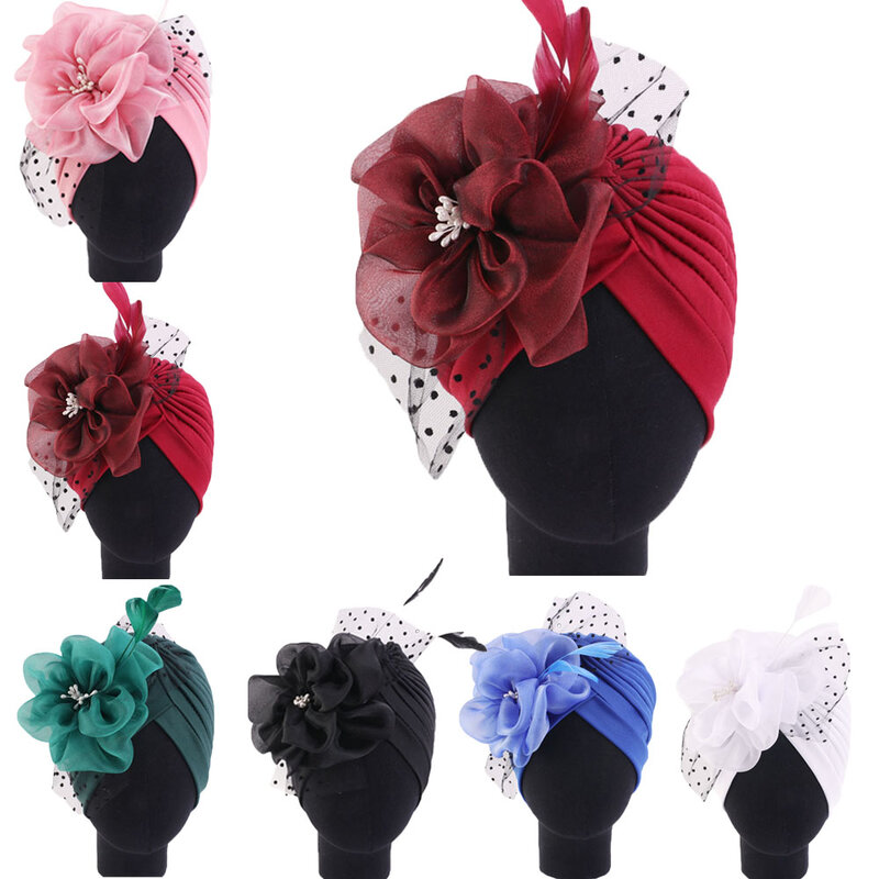 Najnowszy z kwiatami i piórami Turban Bonnet dla Hijab dla muzułmanek chusty czapki ślubne ozdoby do włosów imprezowe Turbante Mujer afrykański szal