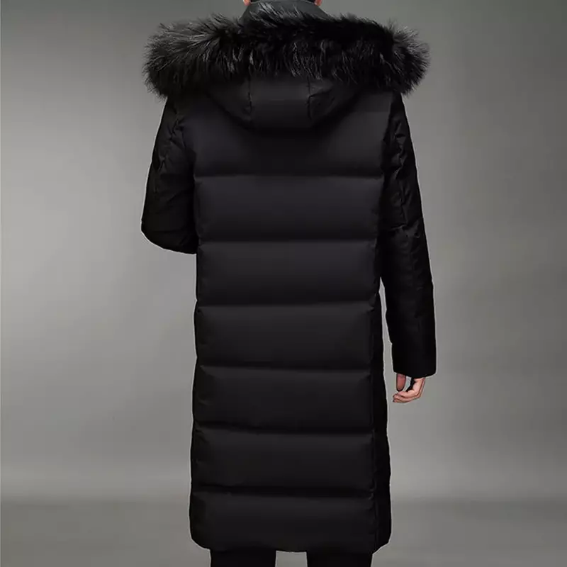Piumino lungo invernale da uomo alla moda con cappuccio in pelliccia giacca calda e spessa antivento