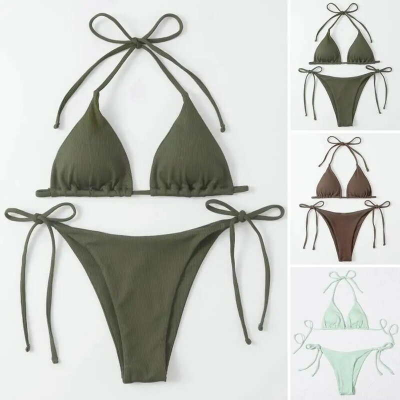 2Pcs/Set Women Bathing Suit Ribbed Backless Pads Women Bikini Set Halter Triangle Bra Side Tie Thong Swimwear Women's Clothing