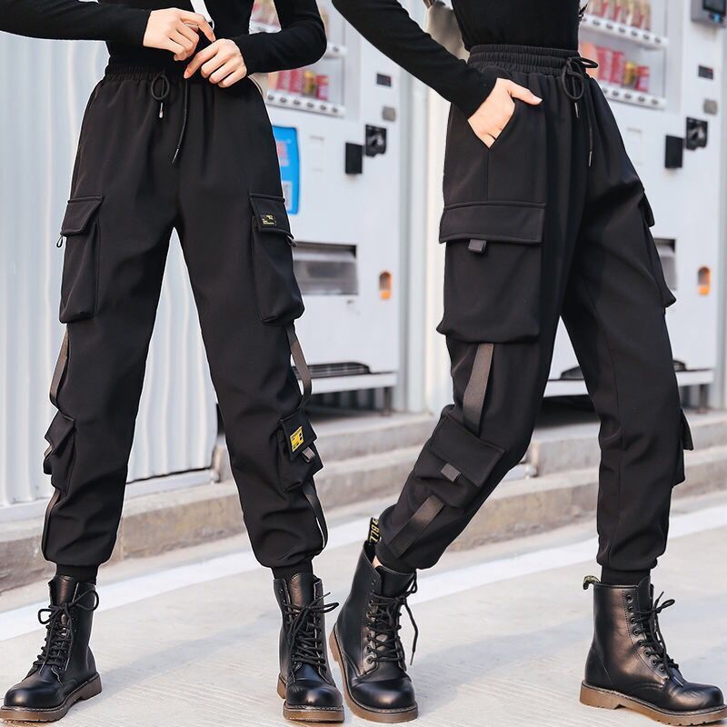 Streetwear moda donna pantaloni Cargo di grandi dimensioni primavera autunno nuovi pantaloni Casual sportivi larghi a contrasto di colore elastico a vita alta