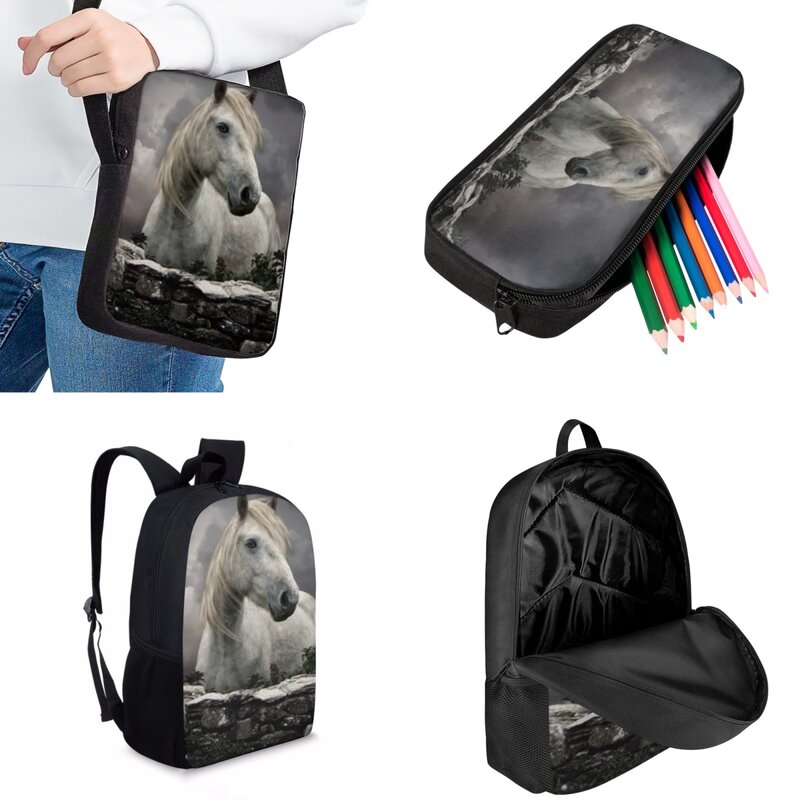 Jackherelook arte cavalo moda crianças sacos de escola prático grande capacidade mochila crianças bookbags mensageiro saco carteira 3 pçs