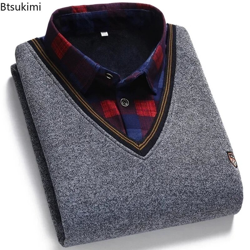 Autumn Winter New Fashion Shirt Collar Fake Two Sweater Men Button Spliced Knitted Pullovers Plush Thickened Bottoming Tops Male