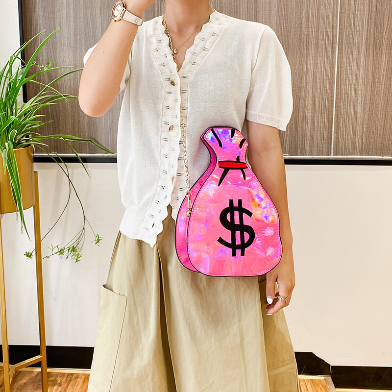 Tas bahu selempang uang lucu wanita, tas tangan rantai Laser reflektif kasual kualitas tinggi untuk kurir serbaguna mewah