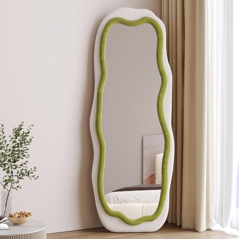 مرآة حائط بجسم كامل مع شفة ملفوفة ، إطار خشبي ، مرآة أرضية ، مناسبة لغرفة الملابس ، غرفة النوم ، غرفة المعيشة