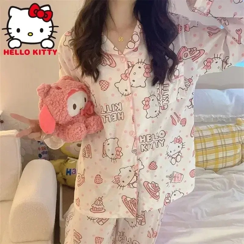 Conjunto de pijama Sanrio Hello Kitty para mulheres, doce menina, anime My Melody, Y2K Japan, calças de manga comprida, roupas de estudante, outono