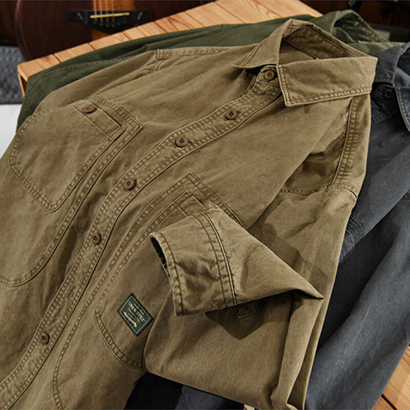 Camisa masculina espessa de mangas compridas, 100% algodão, camisa utilitária, roupa de trabalho de alta qualidade, tendência retrô americana, jaqueta de marca, casaco