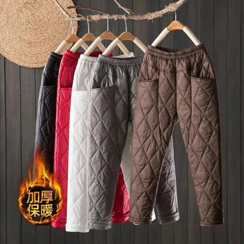 Novo inverno quente ultra-leve pato para baixo sweatpants elástico de cintura alta baggy algodão calças femininas neve wear básico calças retas