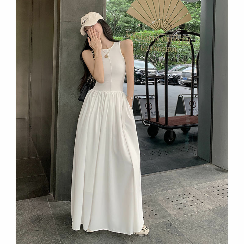 HOUZHOU Casual Black Sleeveless Long Dress Women Bodycon One-piece Dress Gown Maxi Dresses White Vintage Elegant Pleated Vestido