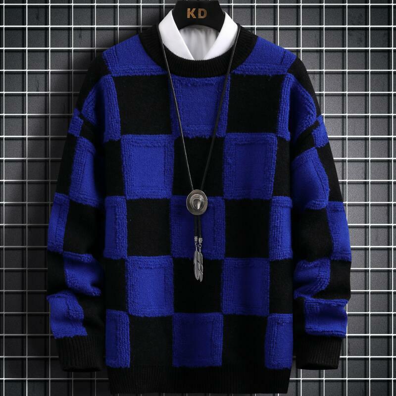 Nowa, jesienna zima koreański styl męskie swetry swetry wysokiej jakości gruby ciepły sweter z kaszmiru mężczyźni luksusowe Plaid Pull Homme 2023