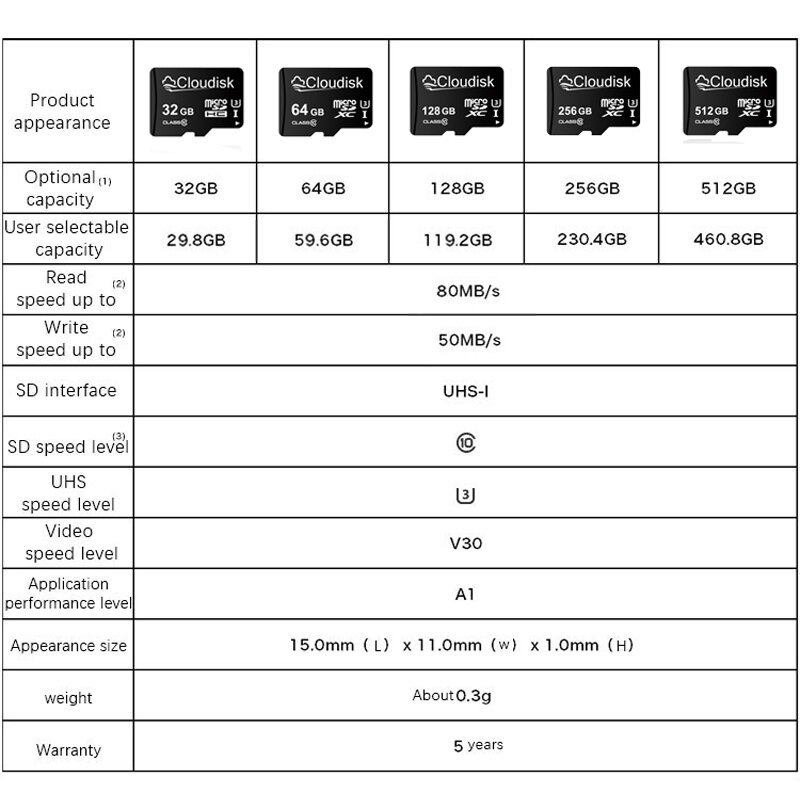 Cloudisk-Carte mémoire Micro SD avec adaptateur lecture SD, carte TF, 128 Go, 64 Go, 32 Go, 16 Go, 8 Go, C10, A1, cadeaux gratuits, paquet de 10