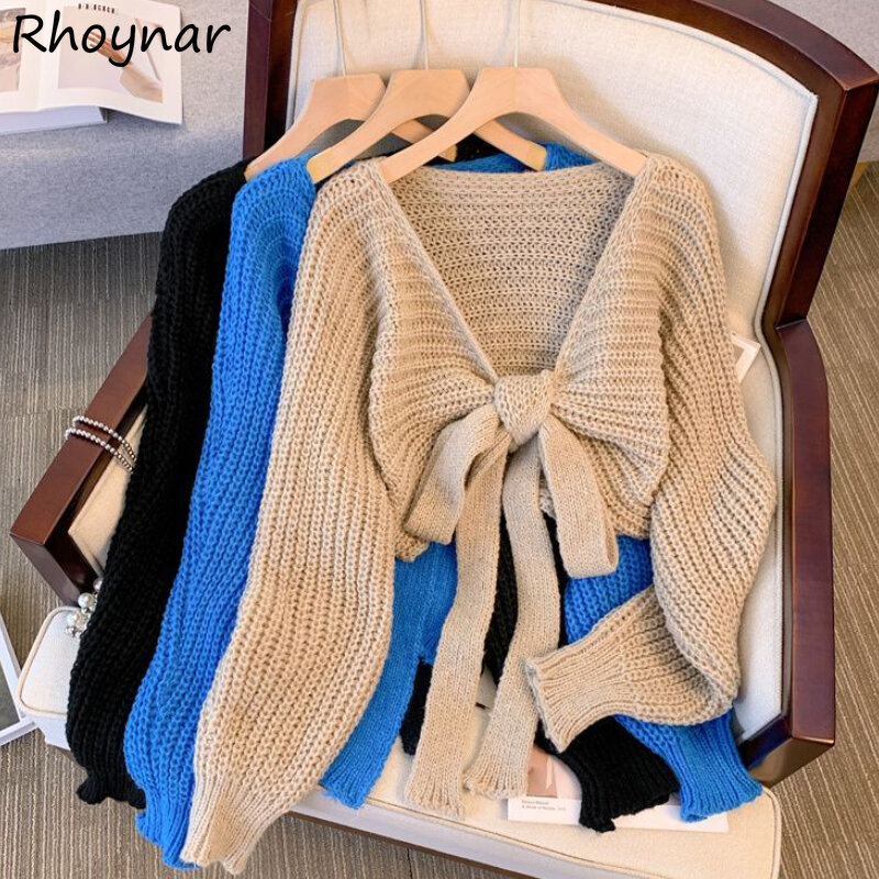 Knitted Cardigans Women Vintage Sweet Bandage Sweaters Autumn Pure Color Crop Tops All-match Chic Female Baggy Street Wear New