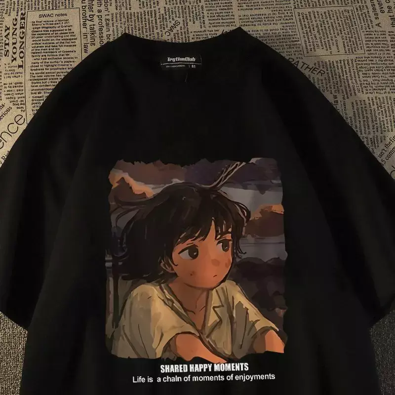Camiseta de algodón vintage americana para mujer, ropa holgada, top versátil de anime y2k, ropa gótica grunge, ropa vintage para pareja