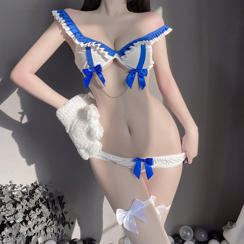 Ropa interior de Anime Loli para chica, uniforme de sirvienta, traje de Cosplay con cadena azul y lazo, falda Sexy, tentación